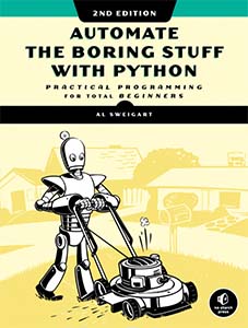 Okładka książki "Automate the Boring Stuff with Python" przedstawiająca robota koszącego trawę kosiarką spalinową