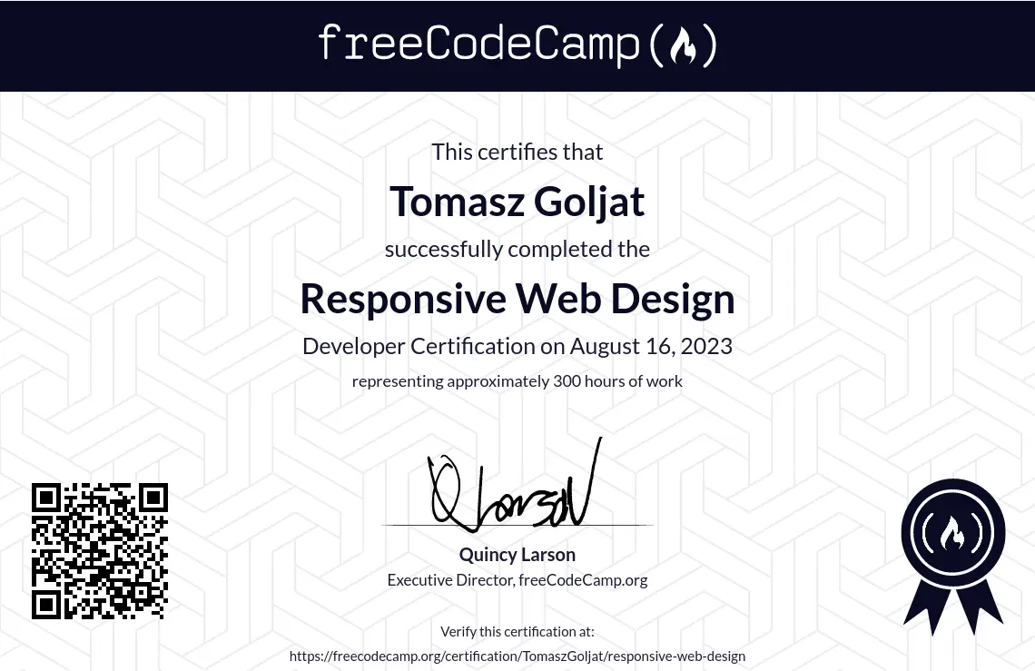 Certyfikat pt.: Responsive Web Design wydany przez freecodecamp.org w 2023 roku